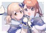 2girls azusawa_kohane bangs blue_bow blue_capelet blue_ribbon border bow brooch brown_eyes brown_hair capelet closed_mouth coat dot_nose dutch_angle eyebrows_visible_through_hair eyelashes fur-trimmed_capelet fur-trimmed_coat fur_trim grey_background grey_eyes hair_ribbon hanasato_minori holding holding_microphone jewelry lace lace-trimmed_ribbon lace_trim light_blush light_brown_hair medium_hair microphone microphone_stand mittens multiple_girls neck_ribbon open_mouth project_sekai ribbon side-by-side simple_background smile snow_print snowflake_brooch snowflake_print swept_bangs triangle twintails upper_body uso_(ameuzaki) white_border winter_clothes yellow_coat yellow_mittens 