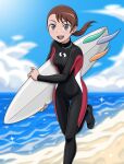  1girl absurdres bakanichi beach bodysuit commentary dark_skin highres nogami_sachi ocean rinne_no_lagrange shore smile surfboard surfing wetsuit 