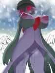  1girl alpha_pokemon arms_at_sides backlighting bangs blue_sky bob_cut breasts breath colored_skin commentary_request day gardevoir glowing glowing_eyes green_hair green_skin hair_between_eyes hanya_(hanya_yashiki) heart heavy_breathing highres large_breasts looking_at_viewer mountain multicolored_skin navel nipples outdoors pokemon pokemon_(creature) pokemon_(game) pokemon_legends:_arceus puffy_nipples pussy_juice red_eyes shiny shiny_skin short_hair sky snowing solo spoken_heart standing steam steaming_body sweat translated two-tone_skin white_skin wide-eyed 