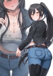  1girl ass ass_visible_through_thighs belt black_footwear black_hair black_jacket blush boots breasts brown_belt cross cross_necklace denim earrings hair_between_eyes high_ponytail highres idolmaster idolmaster_shiny_colors jacket jeans jewelry large_breasts midriff navel necklace open_mouth pants ponytail shirase_sakuya shirt shougun_(chuckni1) solo sweat thigh_boots thighhighs white_background white_shirt yellow_eyes 