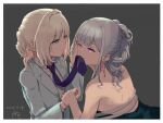  2girls ak-12_(girls&#039;_frontline) ak-12_(quiet_azure)_(girls&#039;_frontline) alternate_costume an-94_(girls&#039;_frontline) aqua_dress aqua_eyes aqua_jacket bangs blazer blonde_hair blue_necktie closed_mouth dated dress earrings eyebrows_visible_through_hair girls&#039;_frontline hair_ornament hand_grab hand_in_hair jacket jewelry long_hair looking_at_another mouth_hold multiple_girls necktie official_alternate_costume purinmeow purple_eyes shirt silver_hair simple_background smile upper_body white_shirt yuri 