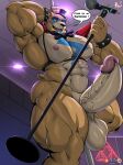 2022 abs absurd_res anthro areola balls biceps big_balls big_muscles big_penis biped blue_eyes bodypaint bow_tie brown_body brown_fur clothing dialogue digital_media_(artwork) ear_piercing ear_ring english_text erection eyebrows face_paint five_nights_at_freddy&#039;s five_nights_at_freddy&#039;s:_security_breach fur genitals glamrock_freddy_(fnaf) harness hat headgear headwear hi_res huge_balls huge_muscles huge_penis huge_thighs humanoid_genitalia humanoid_penis hyper hyper_balls hyper_genitalia hyper_muscles hyper_penis hyper_thighs inside male mammal masterelrest microphone muscular muscular_anthro muscular_male muscular_thighs navel nipples open_mouth open_smile pecs penis piercing pole quads rock_out_with_your_cock_out scottgames shoulder_pads smile solo stripper_pole tan_body tan_fur teeth text thick_thighs tongue top_hat ursid vein veiny_penis video_games 