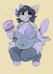  anthro belly belly_overhang big_breasts breasts burger catty_(undertale) clothing domestic_cat felid feline felis female food freckles glamburger hair hi_res legwear mammal open_mouth overalls overweight paws puppychan48 purple_body sharp_teeth short_hair smile solo teeth thigh_highs undertale_(series) yellow_eyes 