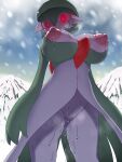  1girl alpha_pokemon arms_at_sides backlighting bangs blue_sky bob_cut breasts breath colored_skin commentary_request day gardevoir glowing glowing_eyes green_hair green_skin hair_between_eyes hanya_(hanya_yashiki) highres large_breasts looking_at_viewer mountain multicolored_skin navel nipples outdoors pokemon pokemon_(creature) pokemon_(game) pokemon_legends:_arceus puffy_nipples pussy_juice red_eyes shiny shiny_skin short_hair sky snowing solo standing steam steaming_body sweat textless two-tone_skin white_skin wide-eyed 