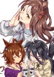  3girls agnes_tachyon_(umamusume) ahoge animal_ears bangs black_hair blue_bow blue_bowtie blue_shirt blush bow bowtie brown_hair buttons closed_eyes closed_mouth clover_hair_ornament coffee cup earrings ears_down fine_motion_(umamusume) frilled_shirt_collar frills green_eyes hair_between_eyes hair_ornament hand_on_own_cheek hand_on_own_face highres holding holding_cup horse_ears horse_girl horse_tail jewelry long_sleeves looking_at_viewer manhattan_cafe_(umamusume) medium_hair multicolored_hair multiple_girls nanashi11 off-shoulder_shirt off_shoulder open_mouth purple_shirt shirt simple_background single_earring smile steam stiff_tail streaked_hair sweatdrop tail tongue tongue_out umamusume white_background yellow_shirt 
