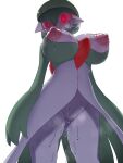  1girl alpha_pokemon arms_at_sides backlighting bangs bob_cut breasts breath colored_skin commentary_request gardevoir glowing glowing_eyes green_hair green_skin hair_between_eyes hanya_(hanya_yashiki) highres large_breasts looking_at_viewer multicolored_skin navel nipples pokemon pokemon_(creature) pokemon_(game) pokemon_legends:_arceus puffy_nipples pussy_juice red_eyes shiny shiny_skin short_hair simple_background solo standing steam steaming_body sweat two-tone_skin white_background white_skin wide-eyed 