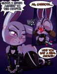  2022 absurd_res anthro armwear ball_gag blush bodily_fluids chain clothing cuff_(restraint) dialogue digital_media_(artwork) disembodied_hand disney drooling duo english_text eyebrows eyelashes female fingers gag gagged hi_res judy_hopps lagomorph legwear leporid long_ears mammal purple_eyes rabbit restraints saliva saurian_(artist) shackles text zootopia 