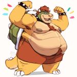  4_fingers anthro armband armpit_hair bearafterall belly biceps big_belly body_hair bottomwear bowser bracelet chest_tuft claws clothing collar double_biceps_pose eyebrow_through_hair eyebrows fangs feet fingers green_shell hair happy hi_res horn jewelry koopa male mario_bros moobs navel nintendo open_mouth overweight overweight_anthro overweight_male scalie shell shorts simple_background solo spiked_bracelet spiked_collar spiked_shell spikes spikes_(anatomy) translucent translucent_hair tuft video_games white_background 
