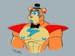  2022 abs animatronic anthro areola big_pecs blue_eyes blue_nipples bodypaint bow_tie brown_body bust_portrait clothing countershade_face countershade_torso countershading cute_fangs digital_drawing_(artwork) digital_media_(artwork) ear_piercing ear_ring eyebrows face_paint fangs five_nights_at_freddy&#039;s five_nights_at_freddy&#039;s:_security_breach glamrock_freddy_(fnaf) grey_background hat headgear headwear machine male mammal nipples pecs piercing portrait robot scottgames shoulder_pads simple_background smile solo tan_body tan_countershading top_hat ursid video_games wolfersoul20 