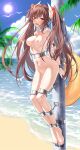  1girl absurdres arms_behind_back azur_lane barefoot beach bird blue_sky blush breasts brown_hair chain chained cloud cloudy_sky commentary completely_nude cuffs day devil_heavens eyebrows_visible_through_hair fang full_body hair_between_eyes haruna_(azur_lane) highres horns innertube legs_together long_hair looking_at_viewer medium_breasts navel nipples nude ocean open_mouth outdoors palm_tree pussy red_eyes restrained scowl scrunchie shackles sky solo sun sweat tree twintails v-shaped_eyebrows 