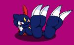  2_toes ambiguous_gender anthro barefoot claws dark_blue_body feet foot_focus fur marblepan nintendo pok&eacute;mon pok&eacute;mon_(species) red_body red_eyes red_fur simple_background sneasel solo toes video_games 