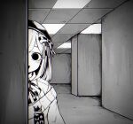  1girl around_corner backrooms_(creepypasta) bangs black_eyes black_headwear chromatic_aberration greyscale hatyuuruinohito highres indoors looking_at_viewer monochrome nijisanji open_mouth smile solo suzuhara_lulu upper_body white_hair 