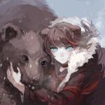  1girl animal_ears arknights armband bear bear_ears black_collar black_shirt blue_eyes brown_coat brown_hair chinese_commentary closed_mouth coat collar eyebrows_visible_through_hair fur-trimmed_hood fur_trim glaring highres hood hooded_coat looking_at_viewer medium_hair multicolored_hair neckerchief ningjiu_9 red_hair red_neckerchief sailor_collar school_uniform serafuku shirt snowing solo streaked_hair two-tone_hair upper_body v-shaped_eyebrows wind zima_(arknights) 