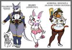  admiral_brickell ambiguous_gender anthro black_sclera bloons_tower_defense blue_eyes breasts canid canine canyne capcom claws cleavage clothed clothing felid felyne female feral grey_hair group gun hair hair_over_eye haplorhine hare high_heels japanese_hare jewelpet lagomorph legwear leporid lynian mammal melee_weapon monkey monster_hunter navy_uniform one_eye_closed one_eye_obstructed palamute palico primate ranged_weapon red_eyes ruby_(jewelpet) sanrio sega sega_toys simple_background standing stockings sword uniform urusee584 video_games weapon white_background wink 
