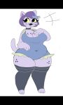  anthro big_breasts breasts catty_(undertale) cleavage clothed clothing domestic_cat felid feline felis female freckles hair hi_res legwear mammal navel overalls overweight overweight_female paws puppychan48 purple_body short_hair solo thick_calves thick_thighs thigh_highs undertale_(series) 