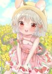  1girl :d \||/ absurdres animal_ear_fluff animal_ears ashino_chimado bangs bare_shoulders blush bow breasts cloud collarbone daisy day dress eyebrows_visible_through_hair feet_out_of_frame field fingernails flower flower_field flower_request food_print frills grey_hair hair_bow hair_flower hair_ornament happy highres looking_at_viewer mouse_ears mouse_tail nazrin open_mouth outdoors pink_bow pink_dress red_eyes round_teeth short_hair sleeveless sleeveless_dress small_breasts smile solo strawberry_print tail tail_bow tail_ornament teeth touhou upper_teeth v_arms white_flower yellow_flower 