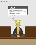  2010 anthro bank blonde_hair breasts clothing digital_media_(artwork) english_text eyes_closed female hair hi_res mammal mouse murid murine name_tag rodent satsumalord shirt smile solo tanya_(satsumalord) text topwear 