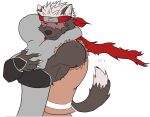  accessory anthro asian_clothing canid canine canis clothing duo east_asian_clothing embrace faceless_character faceless_male fftempest fur grey_body grey_fur hair headband hug human japanese_clothing lifewonders male male/male mammal muscular muscular_anthro muscular_male tadatomo tokyo_afterschool_summoners video_games 