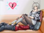  1boy 1girl animal_ears black_hair black_legwear breasts cat_ears chest_jewel controller fingerless_gloves game_controller gloves highres jacket lying mio_(xenoblade) neokeiji nintendo_switch_pro_controller noah_(xenoblade) on_back pantyhose pillow ponytail red_jacket sitting sitting_on_face sitting_on_person skirt small_breasts tank_top white_hair white_jacket white_skirt white_tank_top xenoblade_chronicles_(series) xenoblade_chronicles_3 yellow_eyes 
