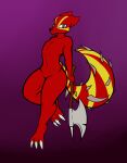  abstract_background anthro axe axentooth belly big_claws canid canine claws featureless_crotch female fox fur hi_res love_handles mammal markings melee_weapon navel red_body red_fur sabrina_(axentooth) solo spiked_tail spikes spikes_(anatomy) spiral_eyes thick_thighs weapon yellow_markings 