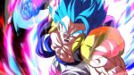  1boy aura blue_eyes blue_hair blue_sash dragon_ball dragon_ball_super gogeta incoming_attack incoming_punch male_focus metamoran_vest open_mouth pants punching rom_(20) sash shouting solo super_saiyan super_saiyan_blue white_pants 