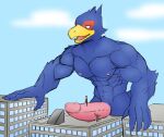  anthro avian bird blue_body building city erection falco_lombardi genitals hi_res jrjresq macro male muscular muscular_male nintendo penile penis penis_riding siman-clifton star_fox video_games 