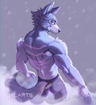  2022 anthro artist_name back_muscles beastars big_muscles bottomwear canid canine canis clothed clothing dylarts fog fur grey_background hi_res legoshi_(beastars) male mammal muscular muscular_anthro muscular_male number pants scar shaded simple_background solo standing tattoo topless topless_anthro topless_male triceps tuft wolf 