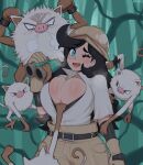  1girl afrobull binoculars blue_eyes breasts character_request clothes_pull forest gloves hair_pull high-waist_pants highres large_breasts long_hair mankey multiple_others nature one_eye_closed pants pokemon pokemon_(creature) primeape shirt_pull sweat 