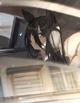  1girl ahoge animal_ears bangs black_hair car_interior commentary earrings ground_vehicle hair_between_eyes highres horse_ears horse_girl jewelry long_hair manhattan_cafe_(umamusume) motor_vehicle multicolored_hair necktie parted_lips seat siena_(moratoriummaga) single_earring solo umamusume upper_body white_hair window yellow_eyes yellow_necktie 