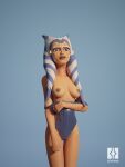  2022 3d_(artwork) absurd_res ahsoka_tano airress3d alien alien_humanoid areola blue_eyes breasts clothing digital_media_(artwork) eyelashes facial_markings female flashing head_markings hi_res humanoid lekku_(anatomy) looking_at_viewer markings medium_breasts nipples not_furry one-piece_swimsuit orange_body orange_skin solo star_wars swimwear thigh_gap togruta 