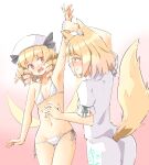  2girls animal_ears arm_up armpits arnest bare_arms bare_legs bare_shoulders bikini blonde_hair blush commission drill_hair eyebrows_visible_through_hair fairy fairy_wings fox_ears fox_tail gradient gradient_background green_ribbon hat kudamaki_tsukasa luna_child multiple_girls navel open_mouth red_eyes ribbon romper short_hair short_sleeves skeb_commission swimsuit tail touhou white_bikini white_headwear wings yellow_eyes 