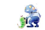  blush caterpie commentary_request croagunk eye_contact highres looking_at_another looking_down muji_bogi no_humans notice_lines pokemon pokemon_(creature) simple_background standing white_background 