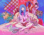  1girl abstract barefoot bed_sheet blue_hair cable colorful fig head_tilt highres holding holding_scissors indian_style long_hair long_sleeves looking_up miyoviyo original parted_lips plant purple_eyes scissors shirt short_shorts shorts sitting solo 