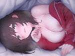  1girl bed_sheet blush breasts brown_hair cleavage closed_mouth commentary_request ear_blush green_eyes jersey large_breasts looking_at_viewer lying nail nipples off_shoulder on_side open_clothes original pokachu short_hair steam sweatdrop under_covers wavy_mouth 