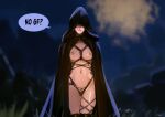 1girl artist_name blurry blurry_background breasts cloak copyright_request covered_eyes english_text facing_viewer grass hood hood_up hooded_cloak light_smile medium_breasts naked_cloak navel night nipples optionaltypo outdoors shibari solo speech_bubble thighhighs 