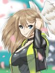  1girl bangs black_bodysuit black_choker black_jacket blue_eyes bodysuit breasts cherry_blossoms choker cleavage eunie_(xenoblade) eyebrows_visible_through_hair green_hoodie head_wings highres hood hoodie jacket large_breasts latex latex_bodysuit long_hair long_sleeves open_clothes open_hoodie open_jacket solo vdia_anon white_wings wind wings xenoblade_chronicles_(series) xenoblade_chronicles_3 