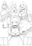  1girl alcohol apron bangs beer blush braid breasts cleavage eyebrows_visible_through_hair full_body haiokumantan highres long_hair looking_at_viewer monochrome multiple_views open_mouth original simple_background smile solo twin_braids white_background 