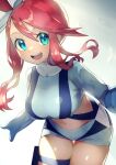  1girl :d backlighting blue_eyes blue_gloves blue_shirt blue_shorts breasts commentary_request elbow_gloves feathers floating_hair gloves hair_ornament highres holster large_breasts leaning_forward long_sleeves navel open_mouth pokemon pokemon_(game) pokemon_bw red_hair rindoriko shirt short_shorts shorts sidelocks skyla_(pokemon) smile solo stomach suspenders teeth thigh_gap thigh_holster thighs upper_teeth 