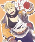  1boy animal_ears animal_hands bangs bara belt black_pants black_tank_top blonde_hair brown_belt fur_collar gloves granblue_fantasy highres jacket large_pectorals male_focus muscular muscular_male official_alternate_costume one_eye_closed open_clothes open_jacket open_mouth orange_jacket pants paw_gloves pectorals porkjinta shirt short_hair smile solo tail tank_top torn_clothes torn_shirt vane_(granblue_fantasy) white_shirt wolf_boy wolf_ears wolf_tail 