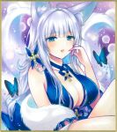  1girl animal_ear_fluff animal_ears azur_lane bare_shoulders blue_butterfly blue_collar blue_dress breasts bug butterfly center_opening collar dress evening_gown eyebrows_visible_through_hair feather_boa fox_ears fox_girl halter_dress halterneck highres kitsune kyuubi large_breasts large_tail marker_(medium) multiple_tails official_alternate_costume shinano_(azur_lane) shinano_(dreams_of_the_hazy_moon)_(azur_lane) sitting sleeveless sleeveless_dress solo tail traditional_media whipberry white_hair white_tail 