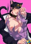  1boy animal_ears black_hair blue_eyes blush cat_ears cat_tail claw_pose claws fingernails gakuran jojo_no_kimyou_na_bouken kemonomimi_mode kujo_jotaro large_pectorals less_end long_coat long_fingernails male_focus manboobs muscular muscular_male nipples pectorals purple_shirt school_uniform shirt solo stardust_crusaders tail tight tight_shirt torn_clothes torn_shirt 