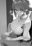  belt breasts eyebrows_visible_through_hair hands_on_lap heart heart-shaped_pupils heavy_breathing highres ice_reizou indoors jewelry large_breasts mole mole_under_mouth monochrome necklace original pants short_hair sitting sweater symbol-shaped_pupils tied_hair turtleneck turtleneck_sweater 