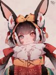  1girl animal_ears black_hair blush character_name dongbaegsi dress grey_eyes heterochromia highres long_hair looking_at_viewer lord_of_heroes mei_ling_qiao mei_ling_qiao_(fire) pale_skin rabbit_ears rabbit_girl red_eyes solo twintails 