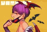  1girl animal bandaid bat bat_wings bridal_gauntlets collarbone copyright_name demon_girl demon_horns demon_wings english_text fangs feather_trim from_side half-closed_eyes heart heart_tattoo horns hungry_clicker lilith_aensland looking_at_viewer looking_to_the_side mask mouth_mask purple_hair red_eyes sharp_teeth short_hair simple_background solo tattoo teeth vampire_(game) vampire_(vocaloid) wings yellow_background 