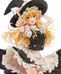  1girl :d apron arm_up bangs black_headwear black_vest blonde_hair blush bow braid breasts contrapposto eyebrows_visible_through_hair foreshortening hair_between_eyes hair_bow hair_ribbon hand_on_headwear hat hat_bow kirisame_marisa long_hair looking_at_viewer medium_breasts okawa_friend open_mouth outstretched_arm petticoat puffy_short_sleeves puffy_sleeves ribbon short_sleeves side_braid simple_background single_braid smile solo star_(symbol) teeth touhou tress_ribbon upper_teeth very_long_hair vest waist_apron white_apron white_background white_bow witch_hat yellow_eyes 