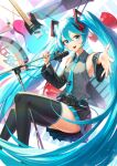  1girl :d absurdly_long_hair absurdres aqua_eyes aqua_hair aqua_nails aqua_necktie bangs bare_shoulders black_legwear black_skirt breasts cable cryturtle detached_sleeves drum drum_set drumsticks electric_guitar grey_shirt guitar hair_between_eyes hair_ornament hatsune_miku highres holding holding_microphone_stand instrument long_hair looking_at_viewer megaphone microphone microphone_stand miniskirt necktie open_hand open_mouth outstretched_arm pleated_skirt shirt sitting skirt sleeveless sleeveless_shirt small_breasts smile solo suspenders thighhighs thighs very_long_hair vocaloid zettai_ryouiki 
