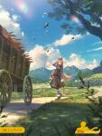  1girl animal_ears anniversary boots brown_hair cart full_body fur_trim highres holo long_hair mountainous_horizon nature official_art outdoors pouch scenery sho_(shoichi-kokubun) skirt sky sleeveless sleeveless_jacket smile solo spice_and_wolf sun_glare sunlight tail wheat wolf_ears wolf_girl wolf_tail 