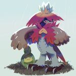  absurdres animal_focus budew commentary_request dongo_(gogosarami) grass grey_background highres hisuian_decidueye looking_down no_humans orange_eyes pokemon pokemon_(creature) rain red_pupils standing 