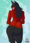  2015 anthro aura_(aurastrasza) big_butt black_bottomwear black_clothing black_hair black_legwear black_nose black_skirt black_stockings bottomwear butt canid canine canis clothed clothing coat dedoarts digital_media_(artwork) female fully_clothed fur green_background grey_body grey_ears grey_eyes grey_fur hair hair_over_eye hi_res highlights_(coloring) legwear long_hair looking_at_viewer looking_back mammal multicolored_body multicolored_fur multicolored_hair one_eye_obstructed portrait rear_view red_clothing red_coat red_hair red_highlights red_topwear simple_background skirt smile solo stockings tailless three-quarter_portrait topwear two_tone_body two_tone_face two_tone_fur two_tone_hair were werecanid wolf yellow_sclera 