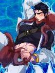  1boy abs bestiality black_hair blue_eyes blush clothes_lift coat drooling jojo_no_kimyou_na_bouken kujo_jotaro large_pectorals less_end long_coat male_focus manboobs molestation no_hat no_headwear octopus off_shoulder partially_submerged pectorals restrained shirt shirt_lift shoulder_belt solo taut_clothes taut_shirt tentacles tentacles_on_male tight tight_shirt vest white_coat 